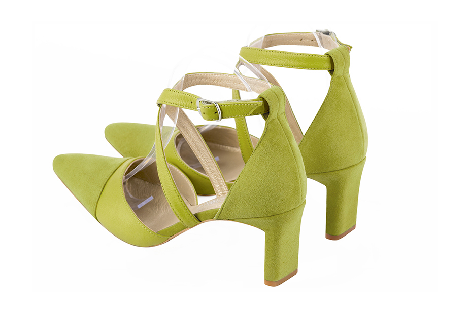 Pistachio green women's open side shoes, with crossed straps. Tapered toe. Medium comma heels. Rear view - Florence KOOIJMAN